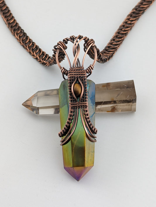 Wire Wrapped Tiger's Eye Chainmail Handmade Copper Pendant Necklace